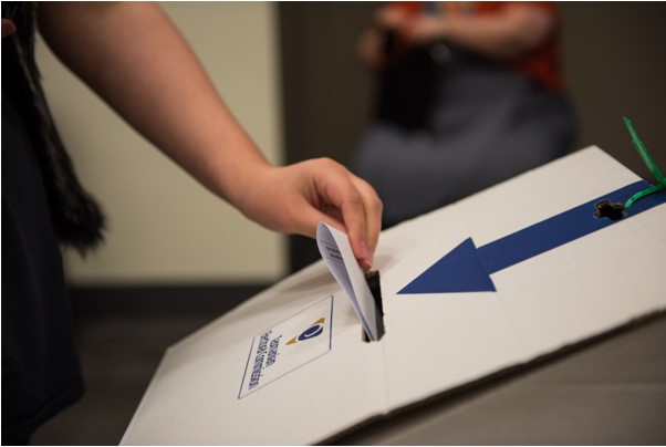 Hand placing ballot in ballot box