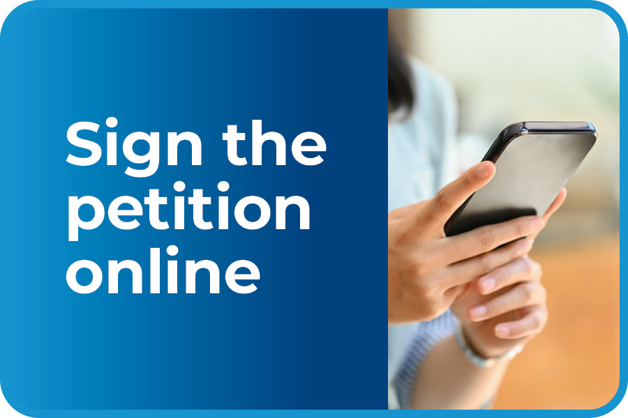 Sign the Petition button. Image of hand texting on mobile phone.