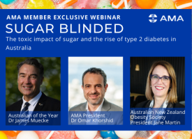 Marketing poster: Sugar Blinded webinar with Australian of the Year, Dr James Muecke, Australian New Zealand Obesity President, Jane Martin, and AMA President Dr Omar Khorshid