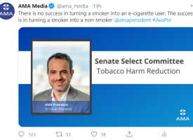 Tweet featuring quote from AMA President Dr Omar Khorshid "There is no success in turning a smoker into an e-cigarette user. The success is in turning a smoker into a non-smoker"