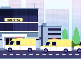 Cartoon image of ambulances ramping outside hospital