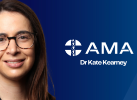 Dr Kate Kearney on a blue background with the AMA logo