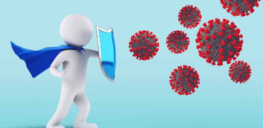 Virtual caped person defending virus cells off with a shield