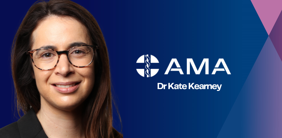 Dr Kate Kearney on a blue background with the AMA logo